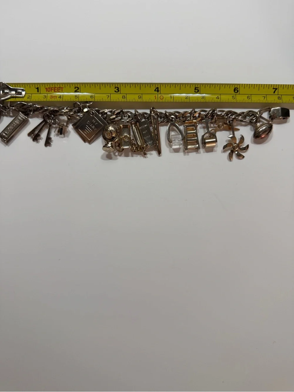 Vintage 1950s Gold Tone Charm Bracelet Keys Diary Globe Mid Century Estate
